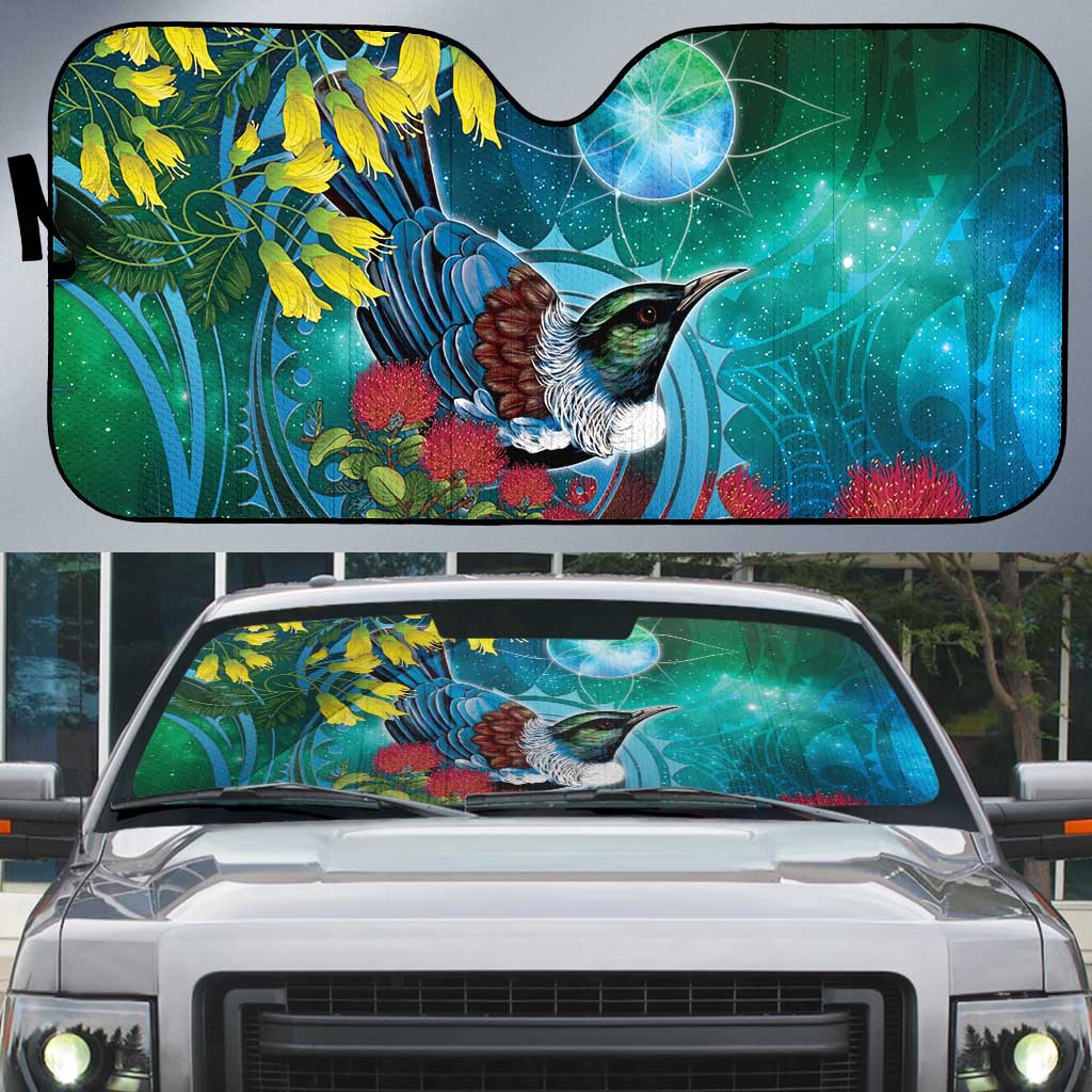 New Zealand Tui Bird Auto Sun Shade Maori Koru With Pohutukawa Galaxy Style - Aussie Hoodie