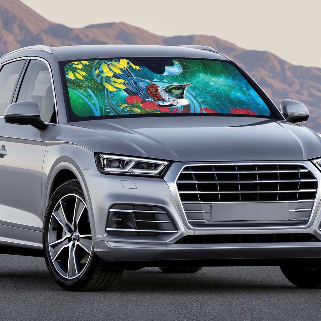 New Zealand Tui Bird Auto Sun Shade Maori Koru With Pohutukawa Galaxy Style - Aussie Hoodie