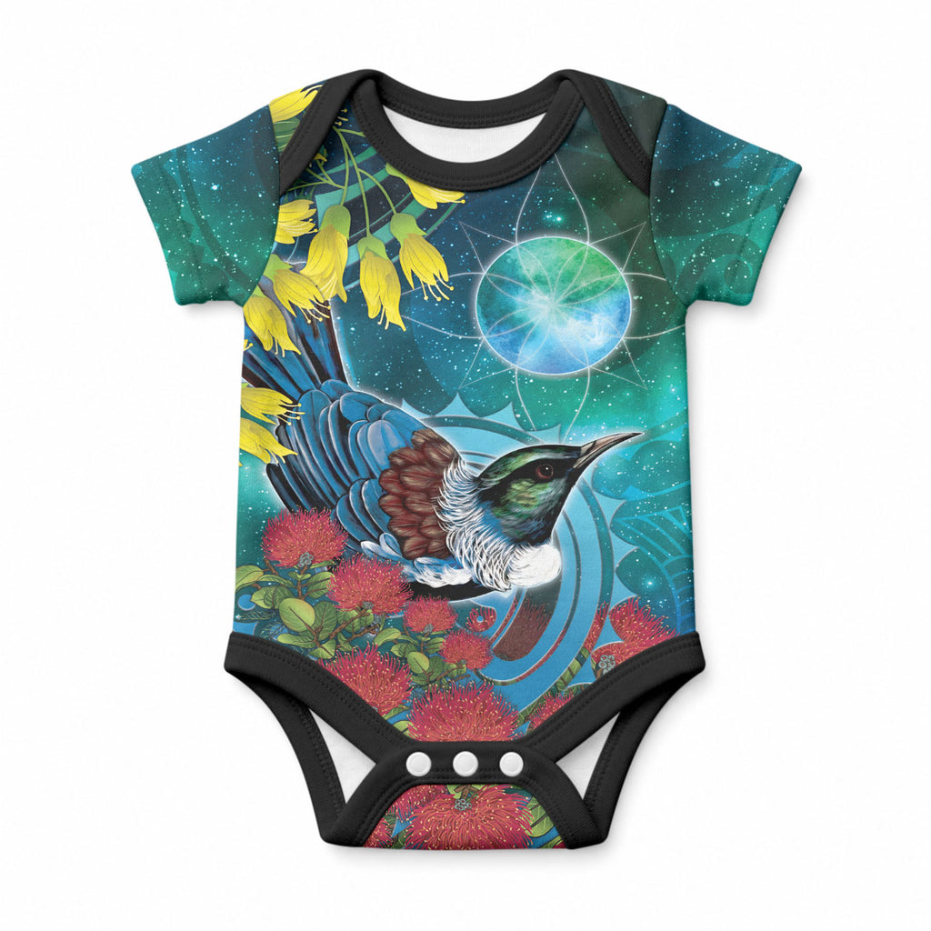 New Zealand Tui Bird Baby Onesie Maori Koru With Pohutukawa Galaxy Style