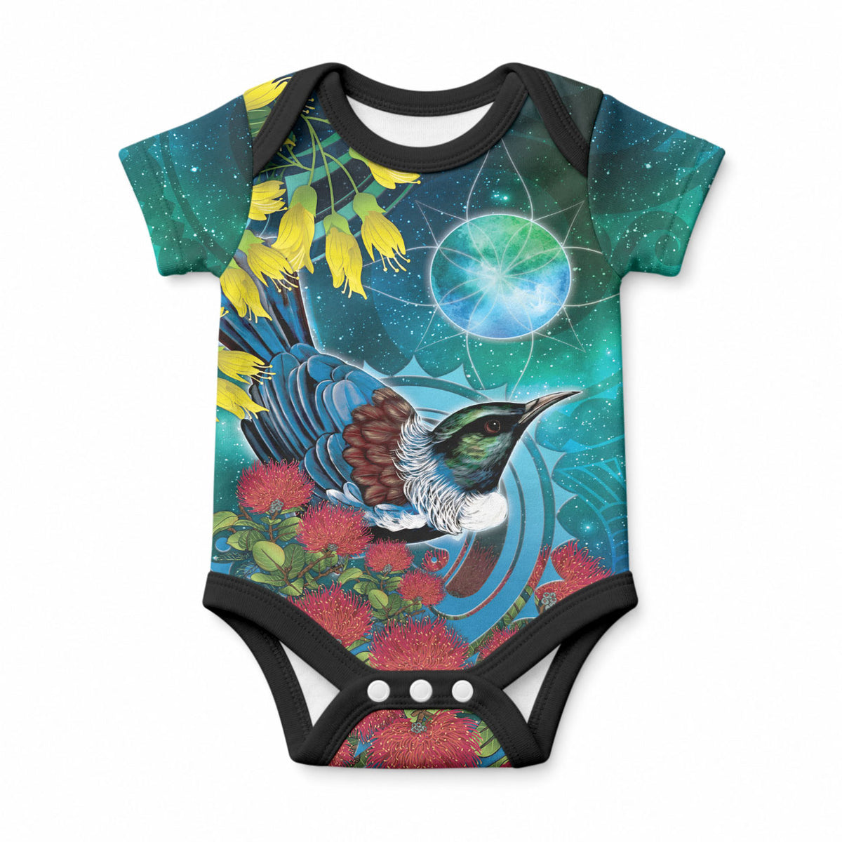 New Zealand Tui Bird Baby Onesie Maori Koru With Pohutukawa Galaxy Style