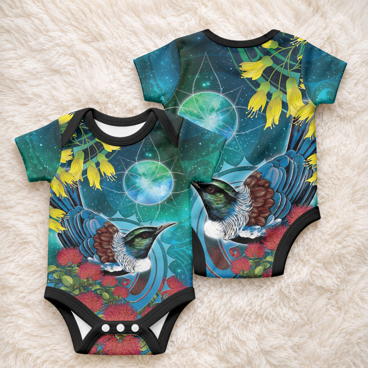 New Zealand Tui Bird Baby Onesie Maori Koru With Pohutukawa Galaxy Style