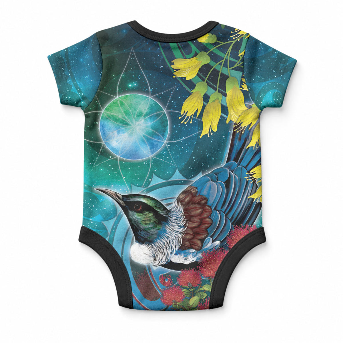 New Zealand Tui Bird Baby Onesie Maori Koru With Pohutukawa Galaxy Style