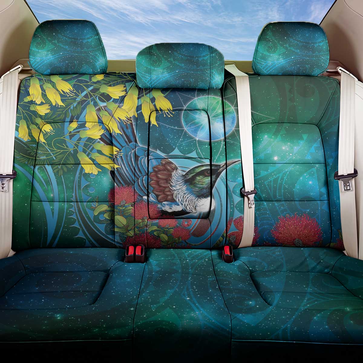 New Zealand Tui Bird Back Car Seat Cover Maori Koru With Pohutukawa Galaxy Style - Aussie Hoodie