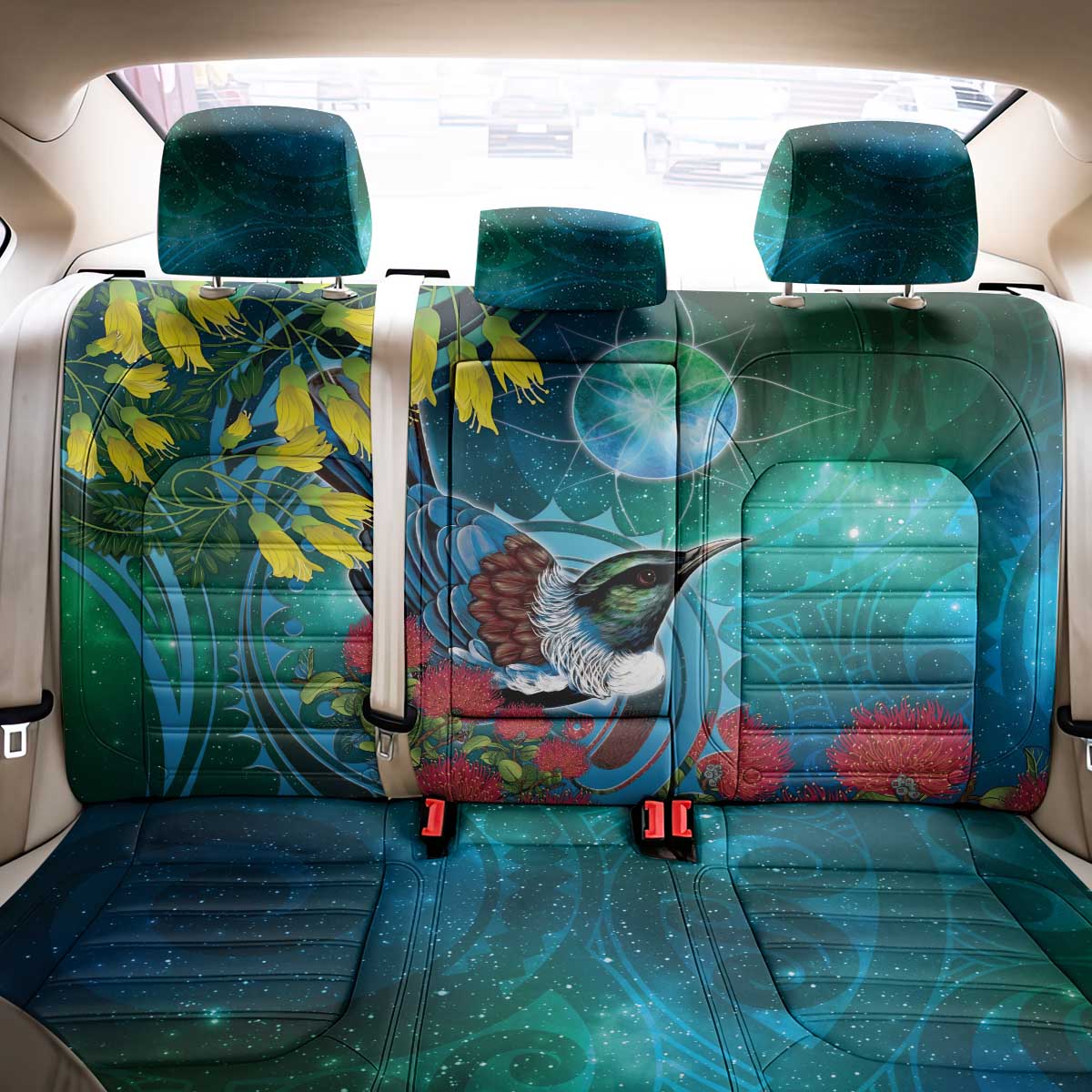 New Zealand Tui Bird Back Car Seat Cover Maori Koru With Pohutukawa Galaxy Style - Aussie Hoodie