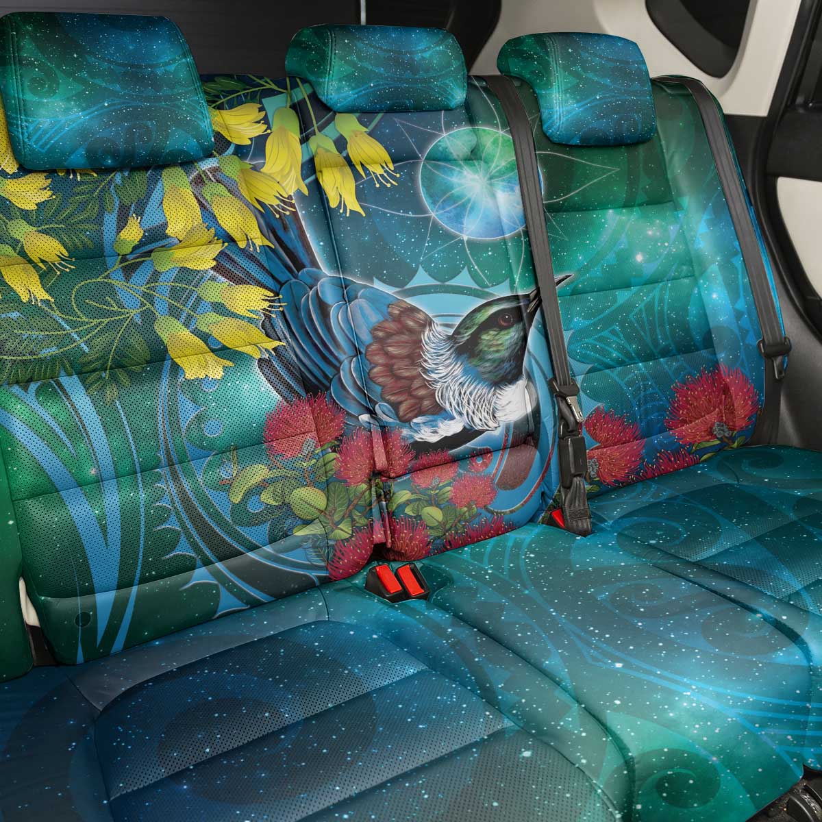 New Zealand Tui Bird Back Car Seat Cover Maori Koru With Pohutukawa Galaxy Style - Aussie Hoodie