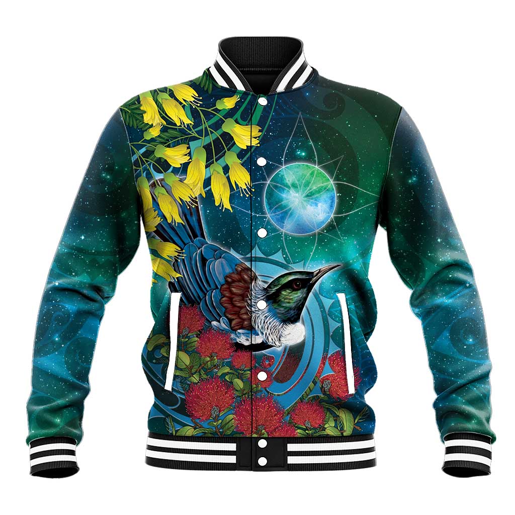 New Zealand Tui Bird Baseball Jacket Maori Koru With Pohutukawa Galaxy Style - Aussie Hoodie