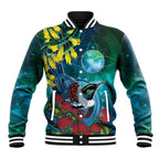 New Zealand Tui Bird Baseball Jacket Maori Koru With Pohutukawa Galaxy Style - Aussie Hoodie