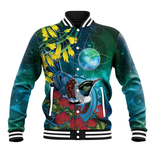 New Zealand Tui Bird Baseball Jacket Maori Koru With Pohutukawa Galaxy Style - Aussie Hoodie