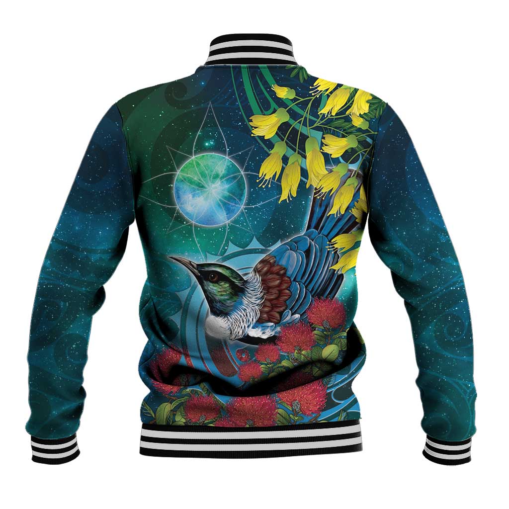 New Zealand Tui Bird Baseball Jacket Maori Koru With Pohutukawa Galaxy Style - Aussie Hoodie