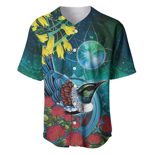 New Zealand Tui Bird Baseball Jersey Maori Koru With Pohutukawa Galaxy Style - Aussie Hoodie