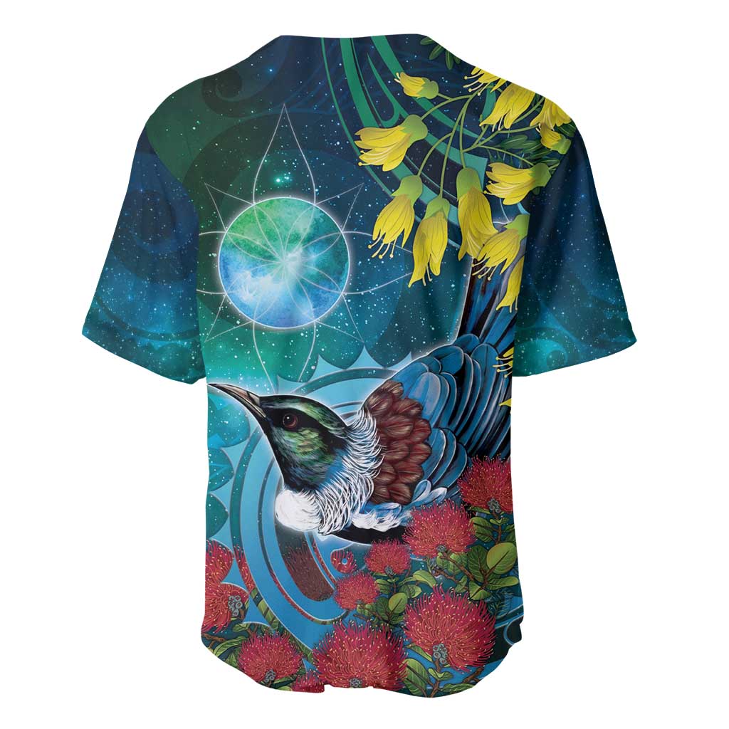 New Zealand Tui Bird Baseball Jersey Maori Koru With Pohutukawa Galaxy Style - Aussie Hoodie