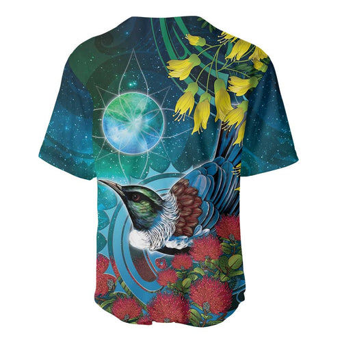 New Zealand Tui Bird Baseball Jersey Maori Koru With Pohutukawa Galaxy Style - Aussie Hoodie