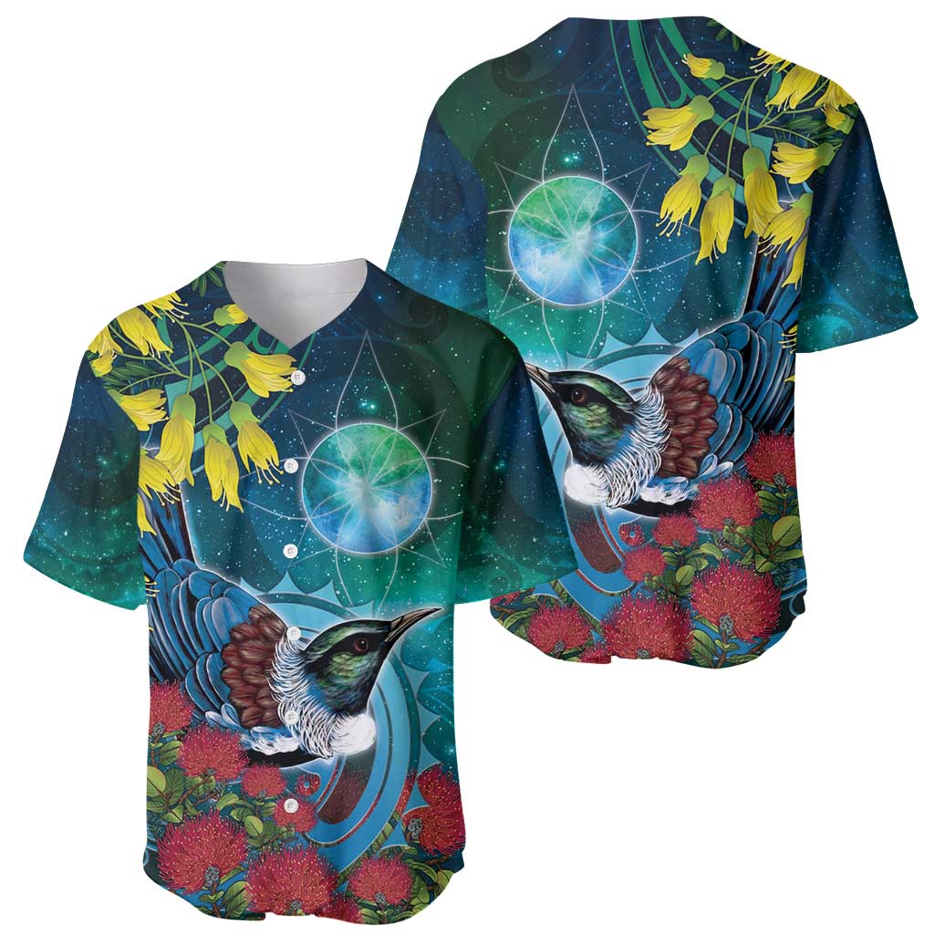 New Zealand Tui Bird Baseball Jersey Maori Koru With Pohutukawa Galaxy Style - Aussie Hoodie