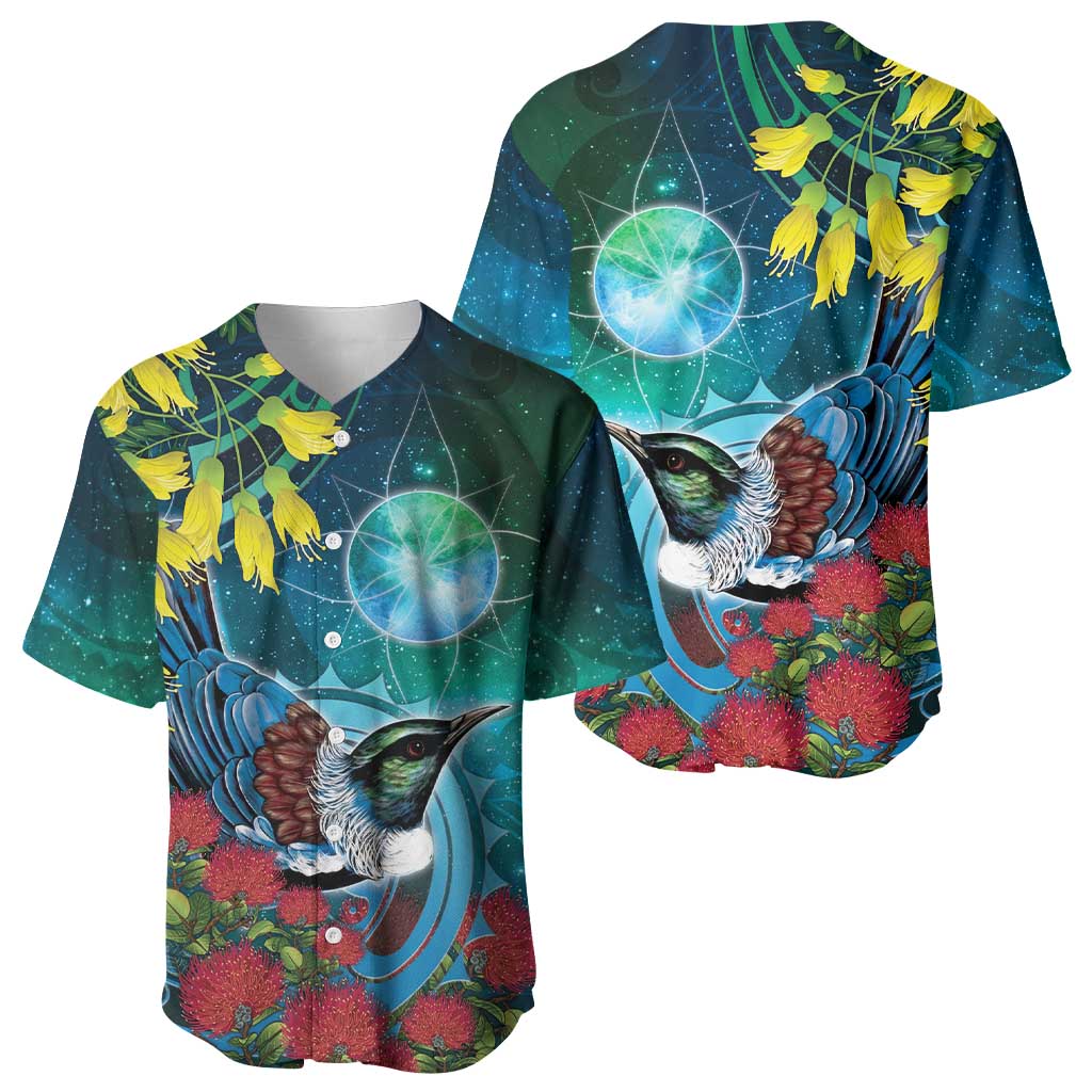 New Zealand Tui Bird Baseball Jersey Maori Koru With Pohutukawa Galaxy Style - Aussie Hoodie