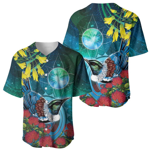 New Zealand Tui Bird Baseball Jersey Maori Koru With Pohutukawa Galaxy Style - Aussie Hoodie