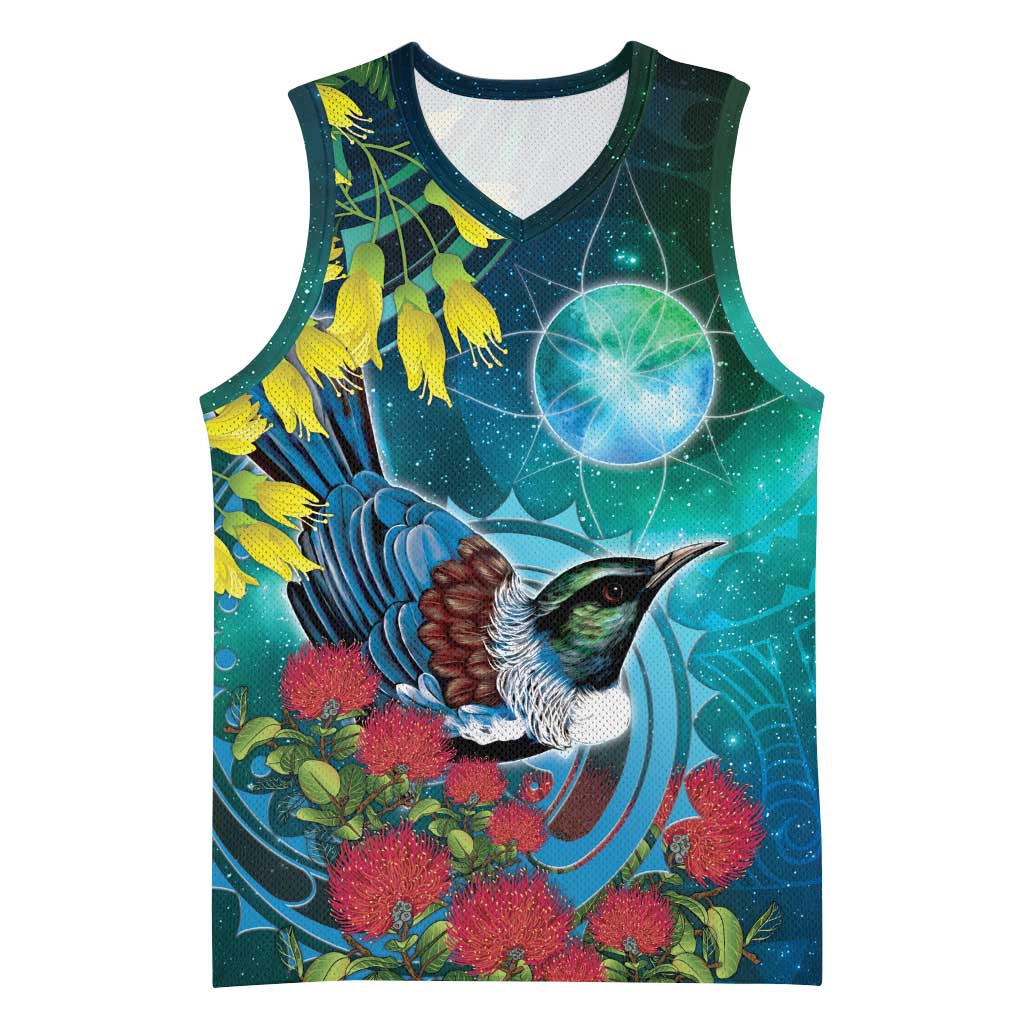 New Zealand Tui Bird Basketball Jersey Maori Koru With Pohutukawa Galaxy Style - Aussie Hoodie