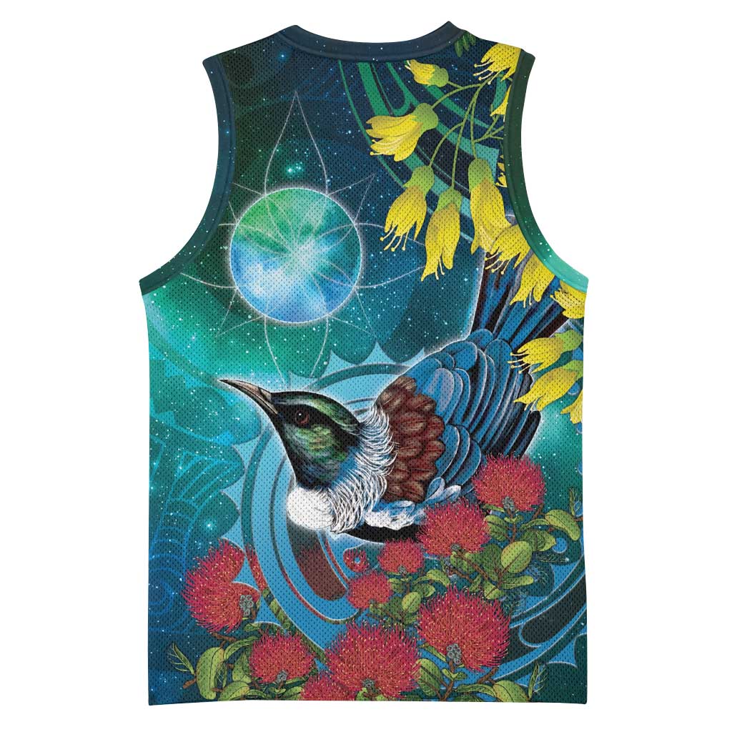 New Zealand Tui Bird Basketball Jersey Maori Koru With Pohutukawa Galaxy Style - Aussie Hoodie