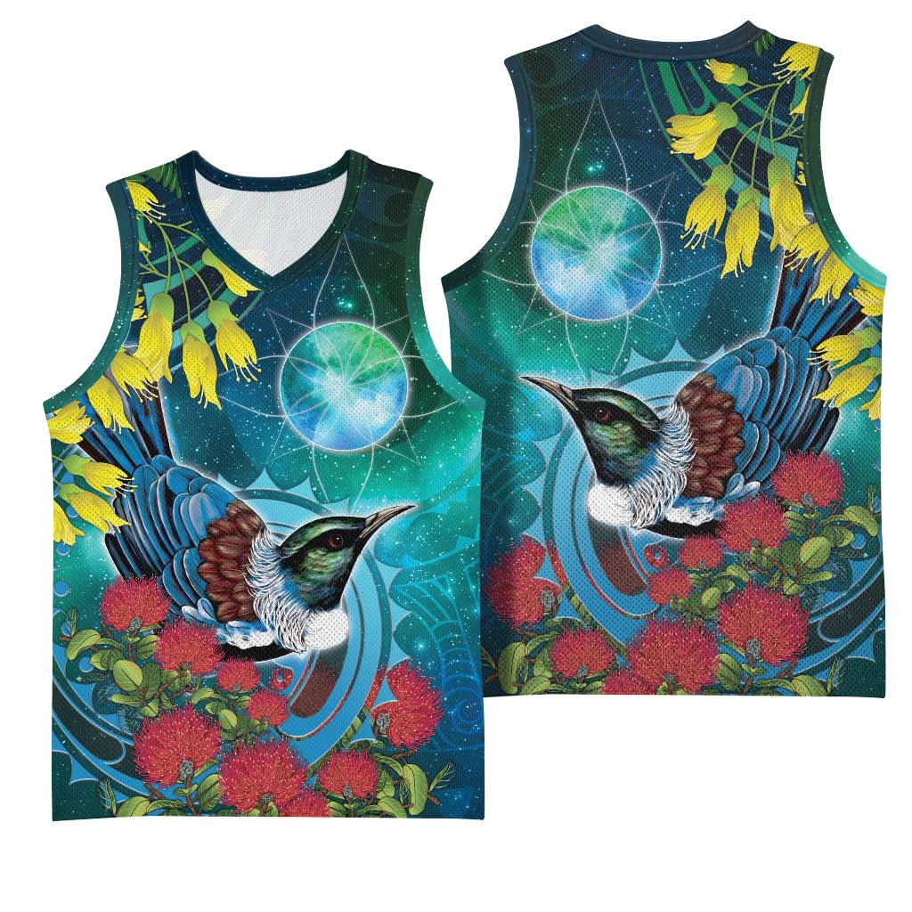 New Zealand Tui Bird Basketball Jersey Maori Koru With Pohutukawa Galaxy Style - Aussie Hoodie