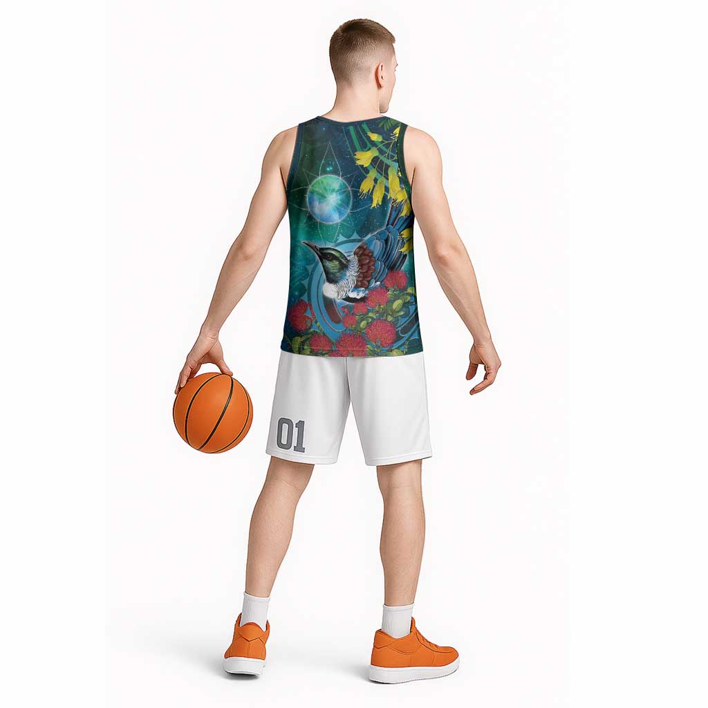 New Zealand Tui Bird Basketball Jersey Maori Koru With Pohutukawa Galaxy Style - Aussie Hoodie