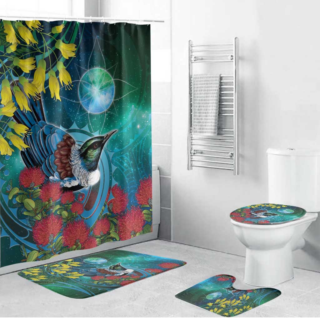 New Zealand Tui Bird Bathroom Set Maori Koru With Pohutukawa Galaxy Style - Aussie Hoodie