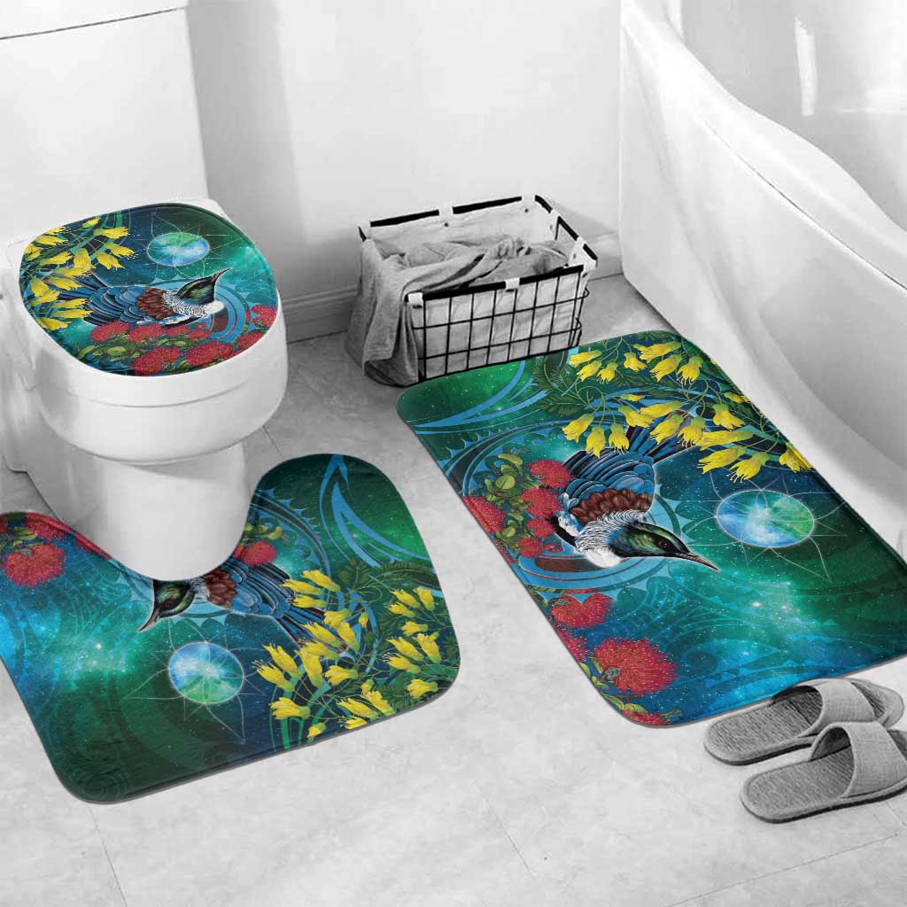 New Zealand Tui Bird Bathroom Set Maori Koru With Pohutukawa Galaxy Style - Aussie Hoodie