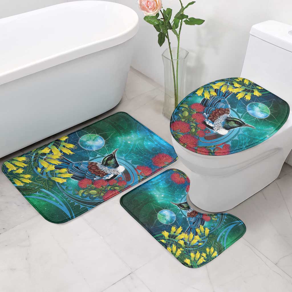New Zealand Tui Bird Bathroom Set Maori Koru With Pohutukawa Galaxy Style - Aussie Hoodie