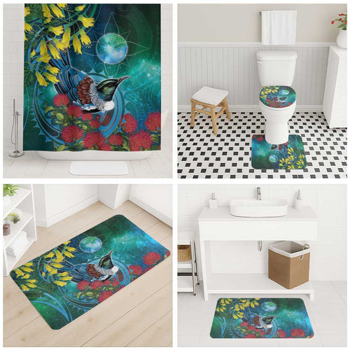 New Zealand Tui Bird Bathroom Set Maori Koru With Pohutukawa Galaxy Style - Aussie Hoodie