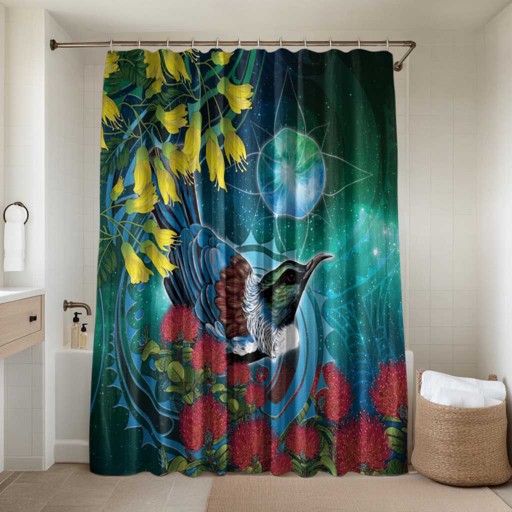 New Zealand Tui Bird Bathroom Set Maori Koru With Pohutukawa Galaxy Style - Aussie Hoodie