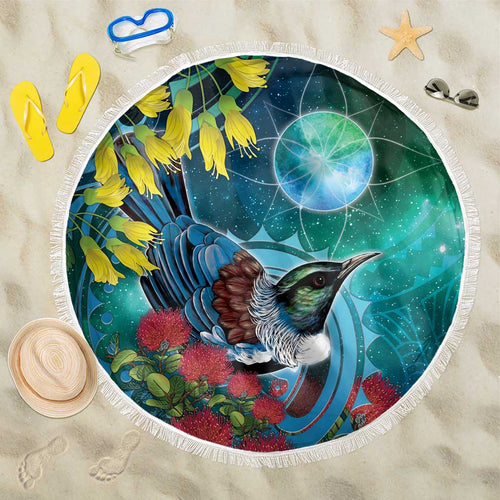 New Zealand Tui Bird Beach Blanket Maori Koru With Pohutukawa Galaxy Style - Aussie Hoodie