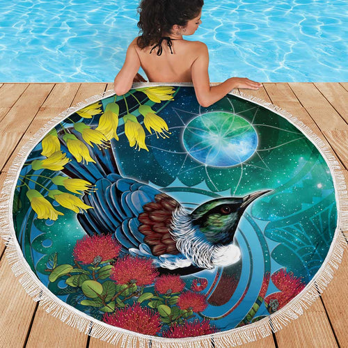 New Zealand Tui Bird Beach Blanket Maori Koru With Pohutukawa Galaxy Style - Aussie Hoodie