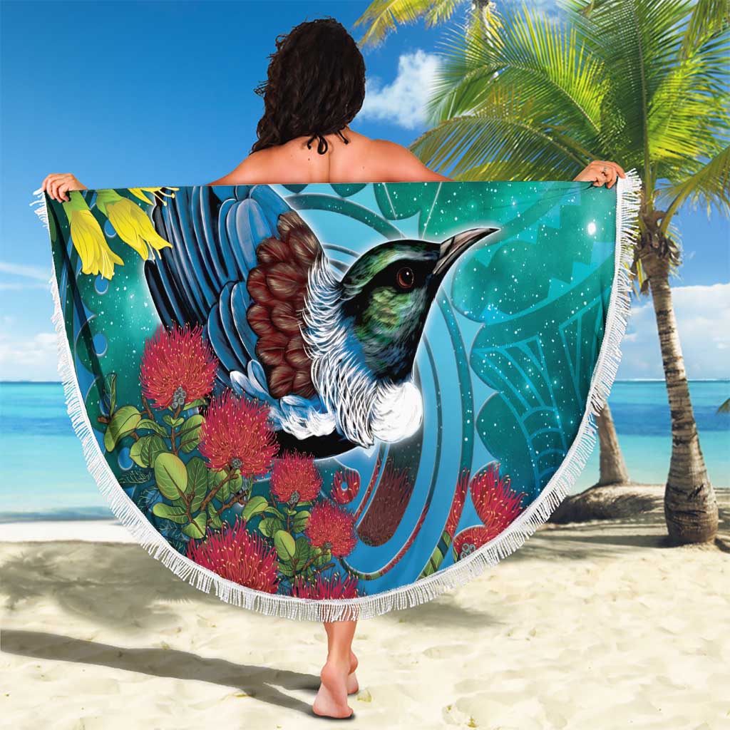 New Zealand Tui Bird Beach Blanket Maori Koru With Pohutukawa Galaxy Style - Aussie Hoodie