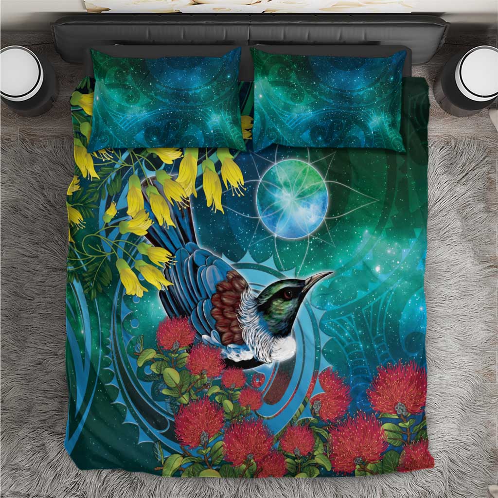 New Zealand Tui Bird Bedding Set Maori Koru With Pohutukawa Galaxy Style - Aussie Hoodie