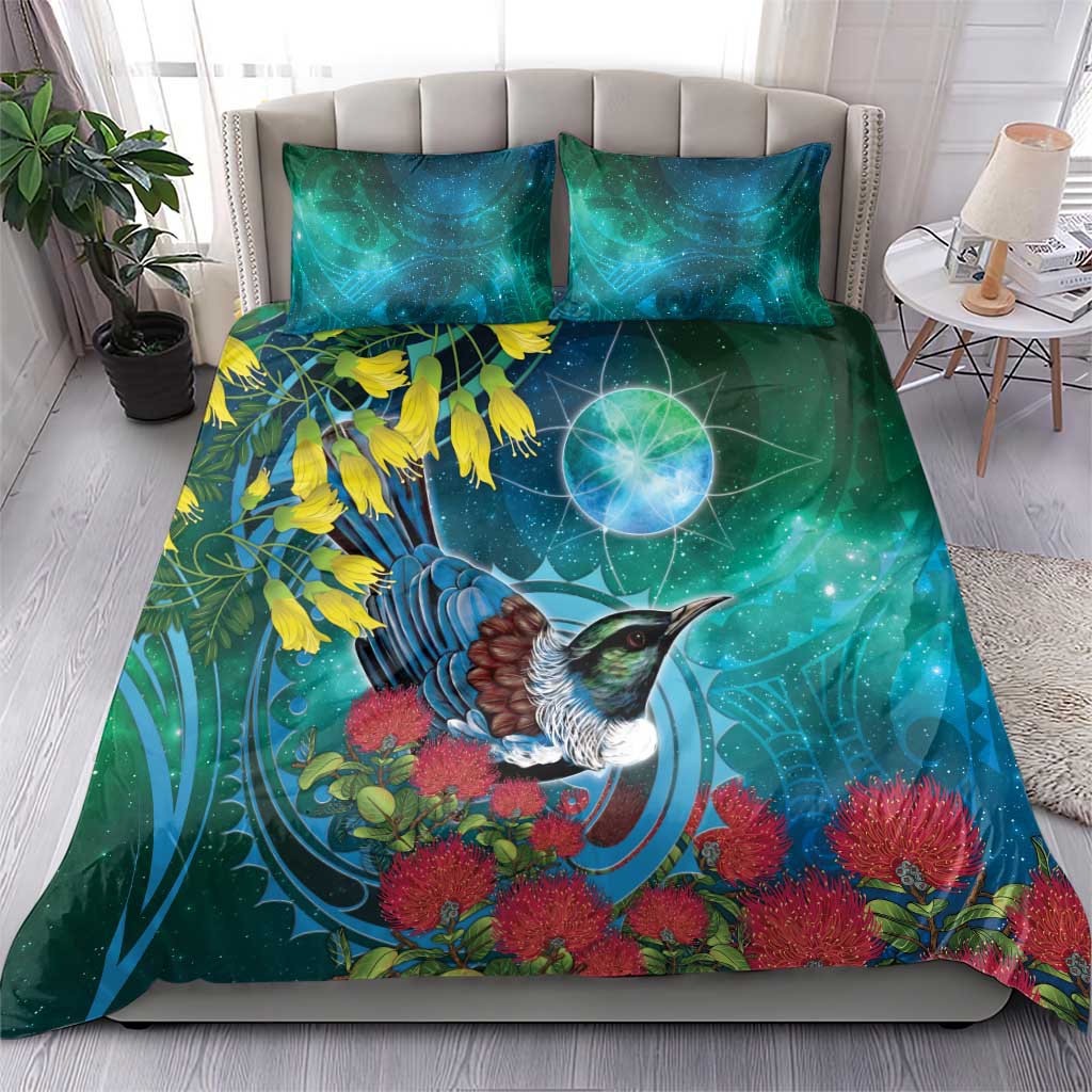 New Zealand Tui Bird Bedding Set Maori Koru With Pohutukawa Galaxy Style - Aussie Hoodie