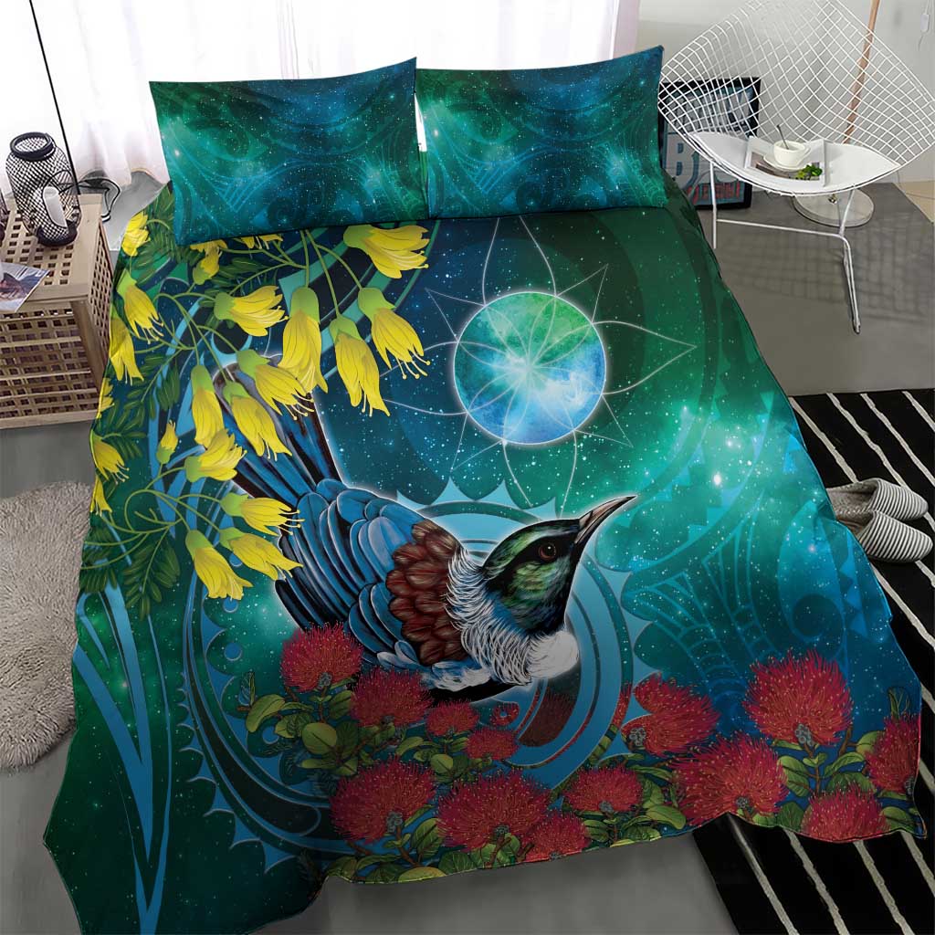 New Zealand Tui Bird Bedding Set Maori Koru With Pohutukawa Galaxy Style - Aussie Hoodie