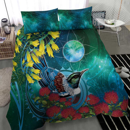 New Zealand Tui Bird Bedding Set Maori Koru With Pohutukawa Galaxy Style - Aussie Hoodie