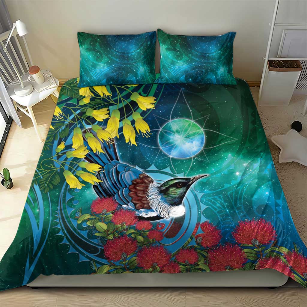 New Zealand Tui Bird Bedding Set Maori Koru With Pohutukawa Galaxy Style - Aussie Hoodie