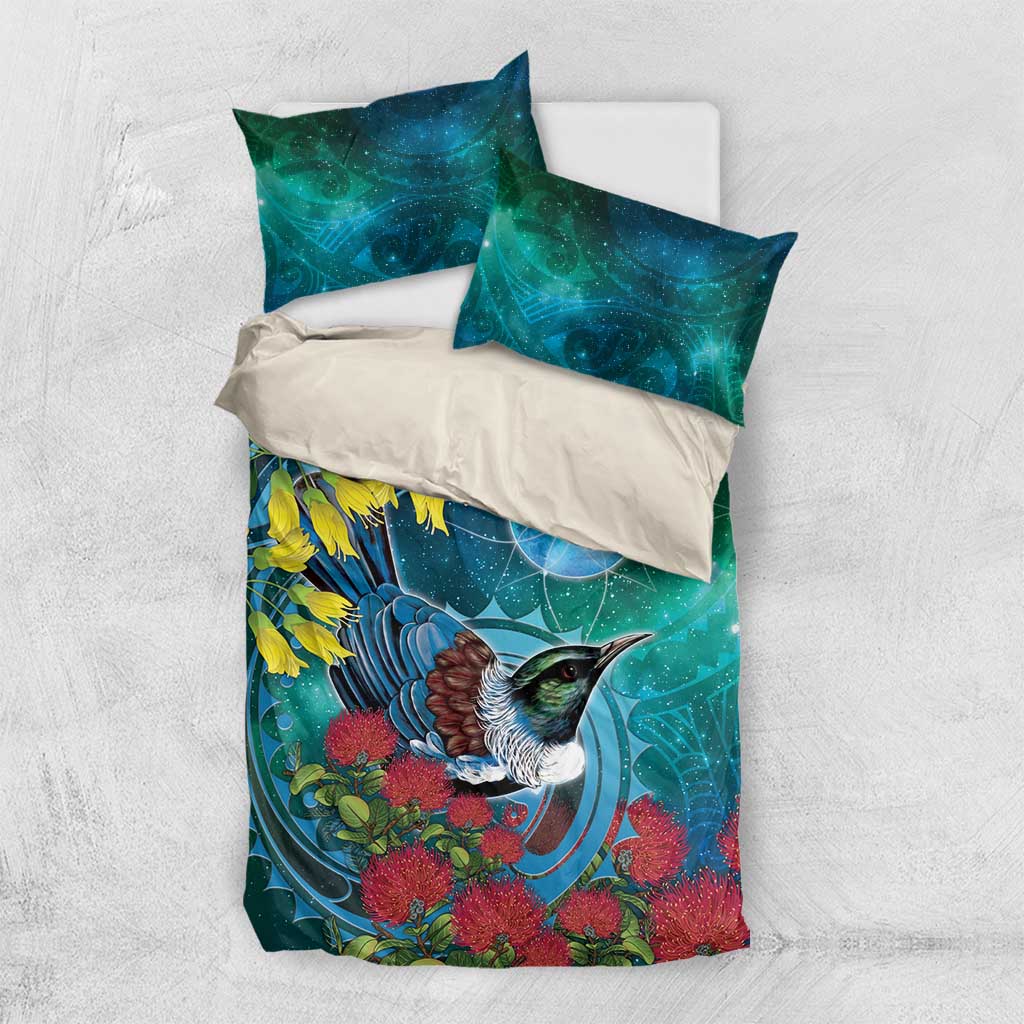 New Zealand Tui Bird Bedding Set Maori Koru With Pohutukawa Galaxy Style - Aussie Hoodie