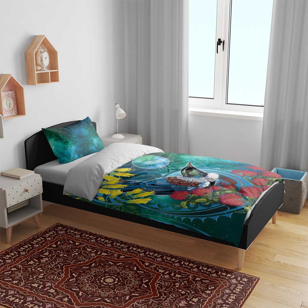 New Zealand Tui Bird Bedding Set Maori Koru With Pohutukawa Galaxy Style - Aussie Hoodie