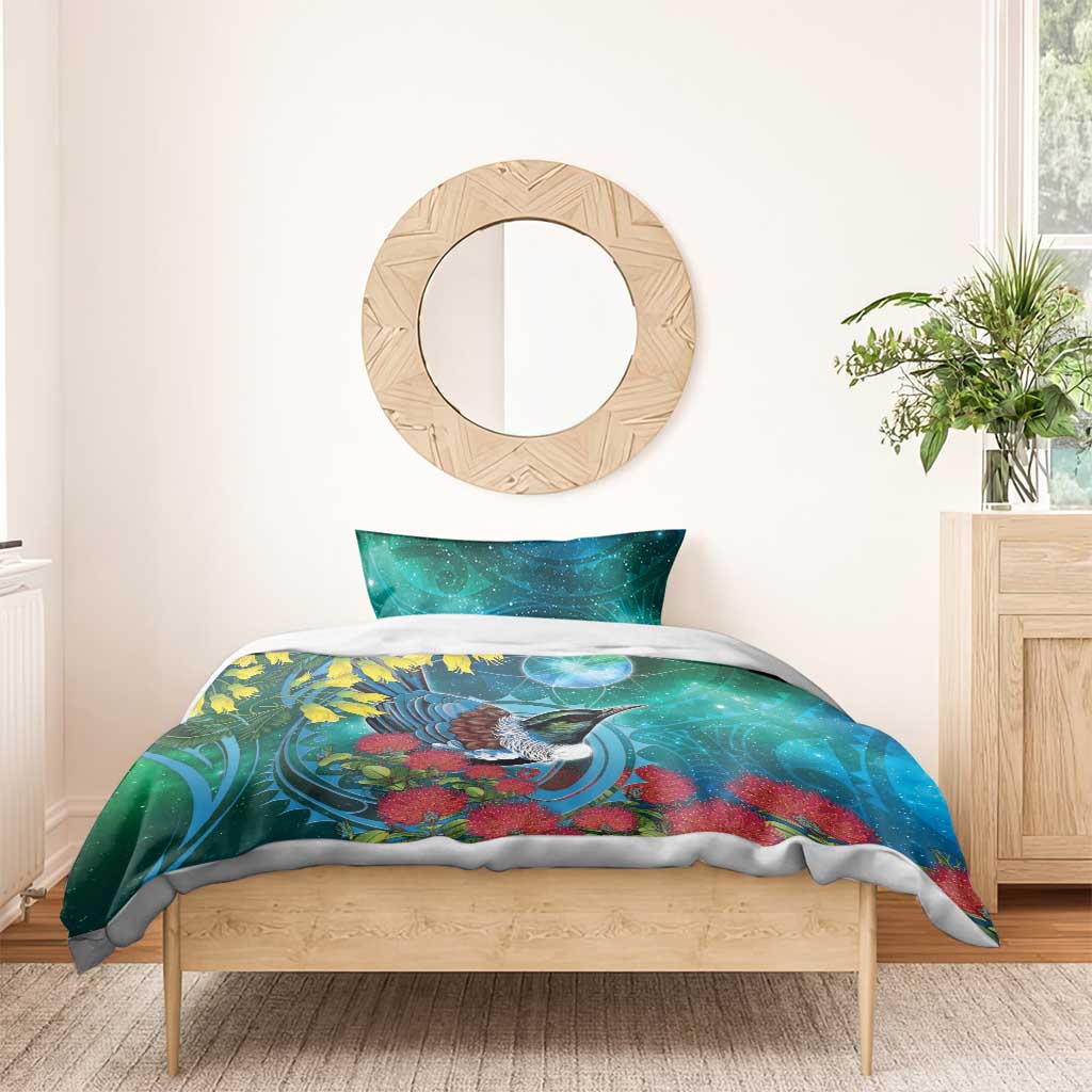 New Zealand Tui Bird Bedding Set Maori Koru With Pohutukawa Galaxy Style - Aussie Hoodie