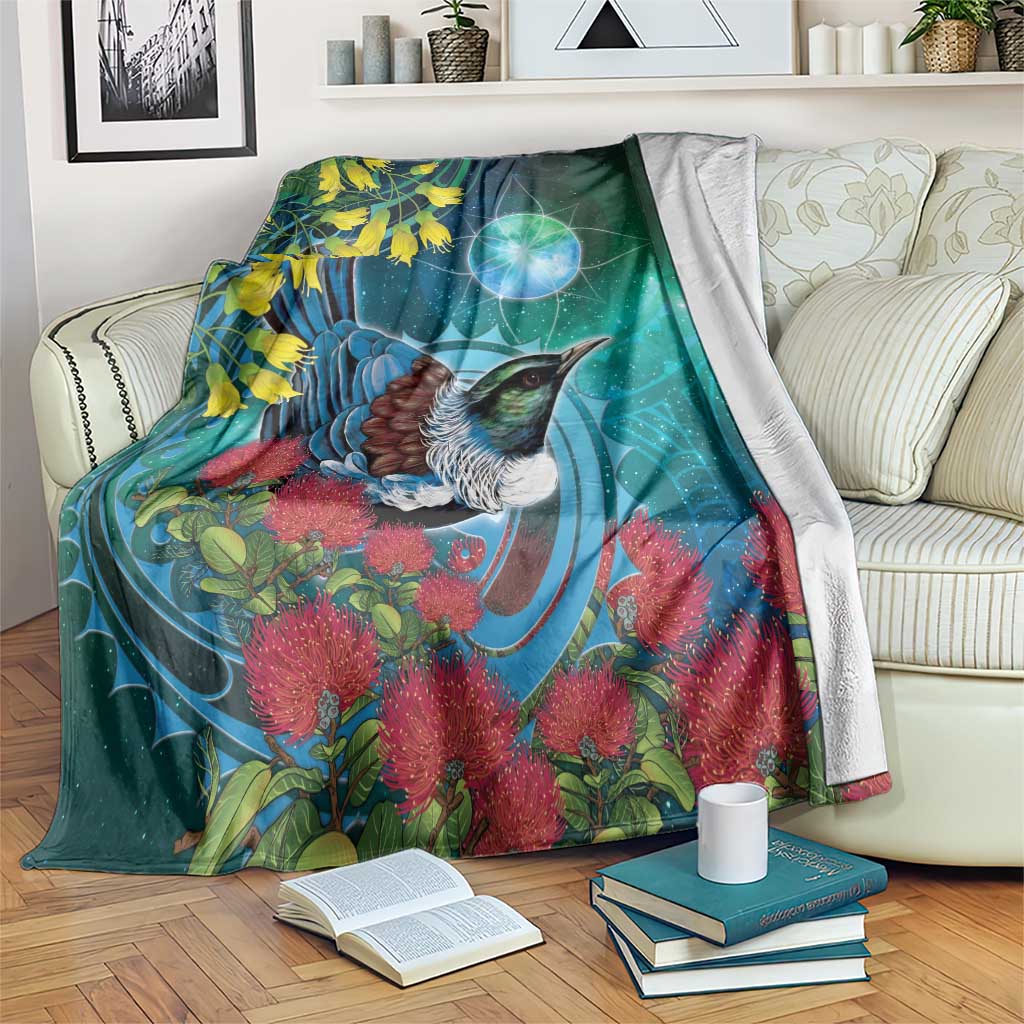 New Zealand Tui Bird Blanket Maori Koru With Pohutukawa Galaxy Style - Aussie Hoodie