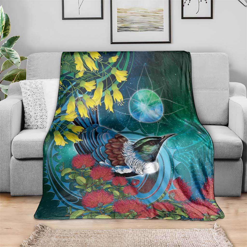 New Zealand Tui Bird Blanket Maori Koru With Pohutukawa Galaxy Style - Aussie Hoodie