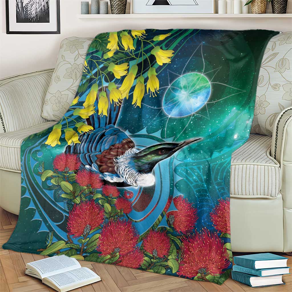 New Zealand Tui Bird Blanket Maori Koru With Pohutukawa Galaxy Style - Aussie Hoodie
