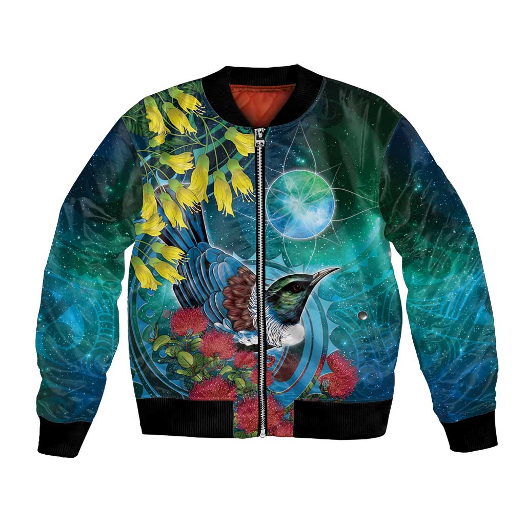 New Zealand Tui Bird Bomber Jacket Maori Koru With Pohutukawa Galaxy Style - Aussie Hoodie