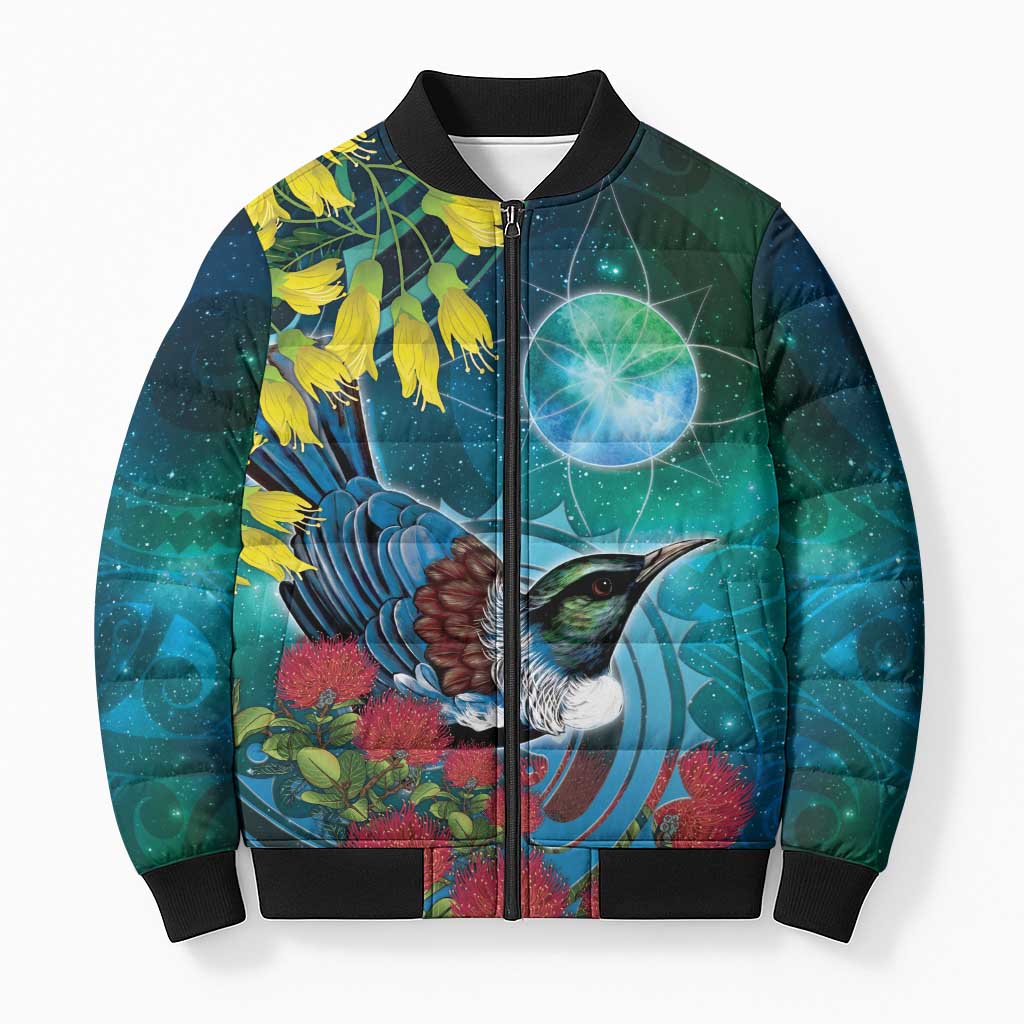 New Zealand Tui Bird Bomber Puffer Jacket Maori Koru With Pohutukawa Galaxy Style - Aussie Hoodie