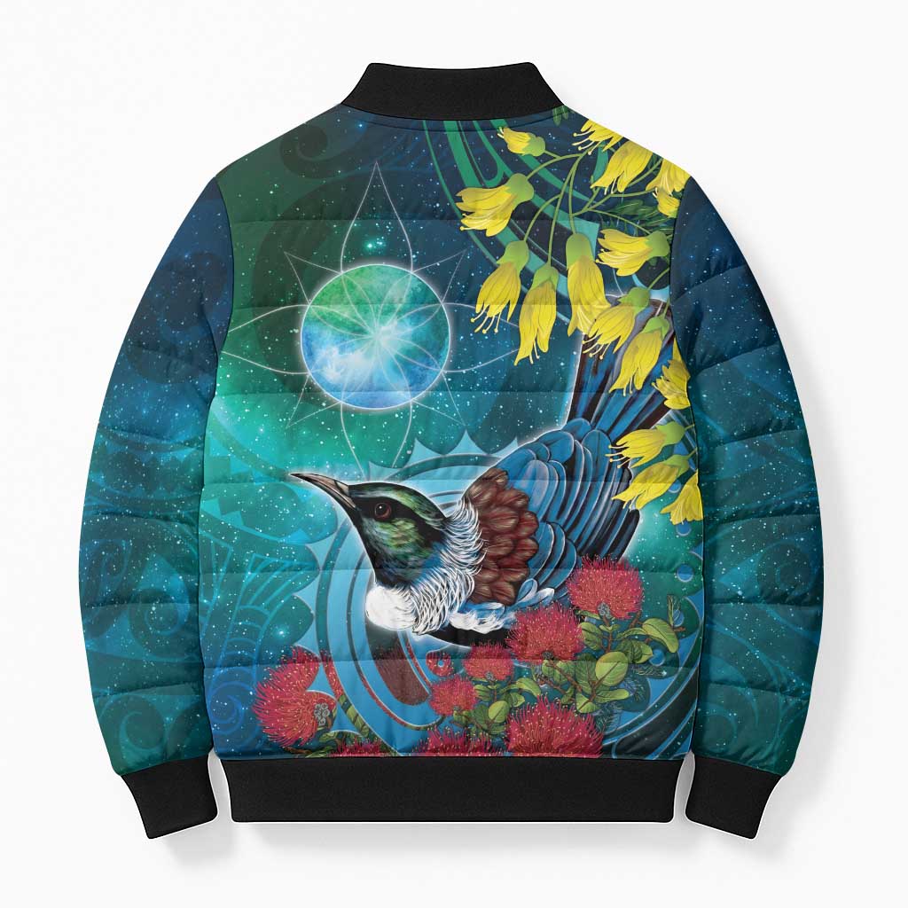 New Zealand Tui Bird Bomber Puffer Jacket Maori Koru With Pohutukawa Galaxy Style - Aussie Hoodie