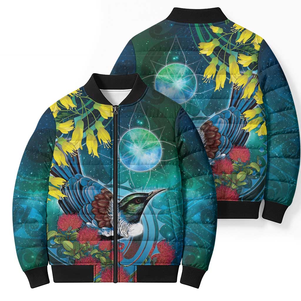 New Zealand Tui Bird Bomber Puffer Jacket Maori Koru With Pohutukawa Galaxy Style - Aussie Hoodie
