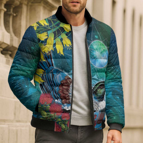 New Zealand Tui Bird Bomber Puffer Jacket Maori Koru With Pohutukawa Galaxy Style - Aussie Hoodie