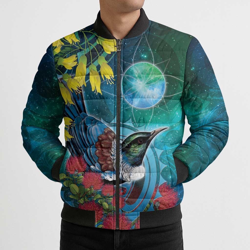 New Zealand Tui Bird Bomber Puffer Jacket Maori Koru With Pohutukawa Galaxy Style - Aussie Hoodie