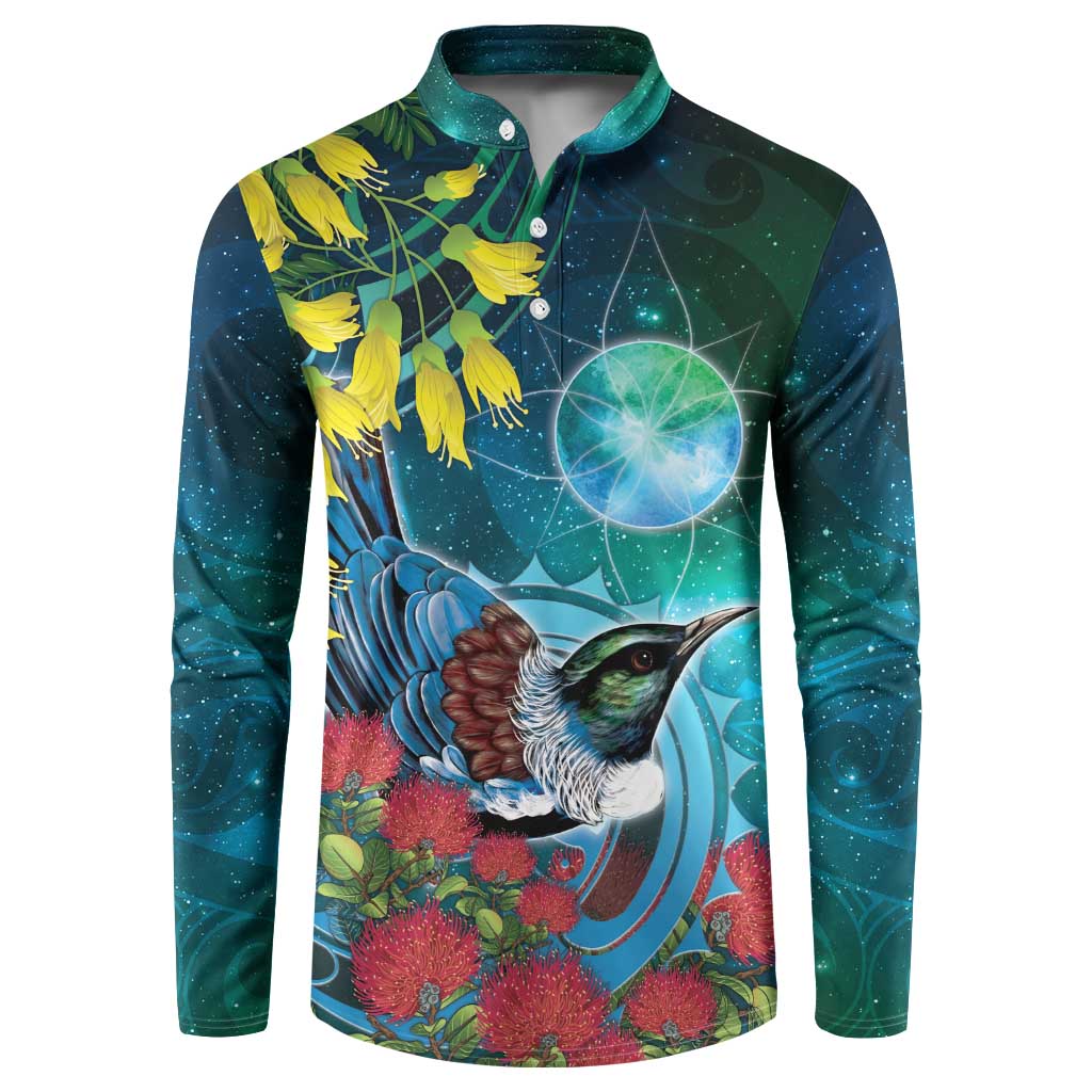 New Zealand Tui Bird Button Sweatshirt Maori Koru With Pohutukawa Galaxy Style - Aussie Hoodie