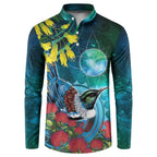 New Zealand Tui Bird Button Sweatshirt Maori Koru With Pohutukawa Galaxy Style - Aussie Hoodie